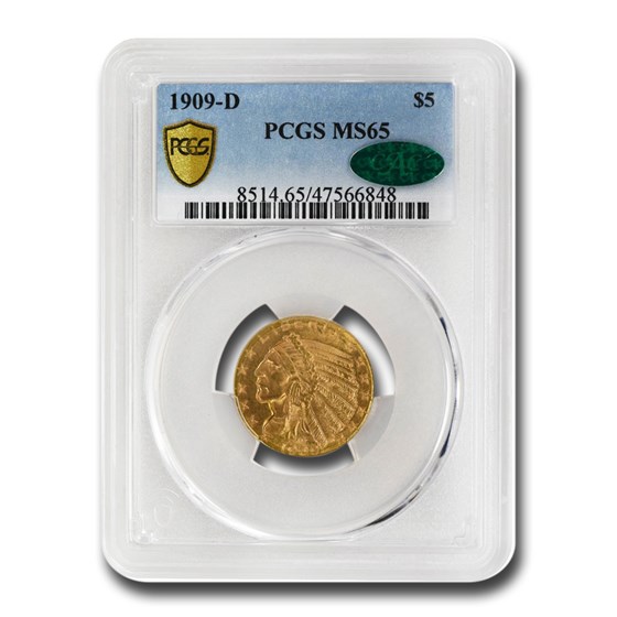 1909-D $5 Indian Gold Half Eagle MS-65 PCGS CAC 1909-D $5 Indian Gold Half Eagle MS-65 PCGS CAC