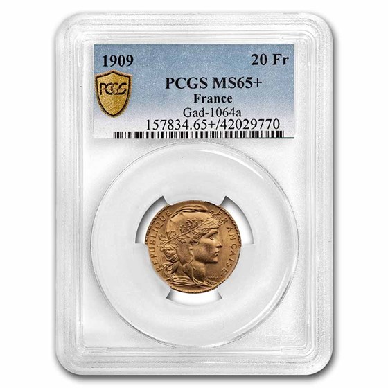 1909 France Gold 20 Francs Rooster MS-65+ PCGS 1909 France Gold 20 Francs Rooster MS-65+ PCGS