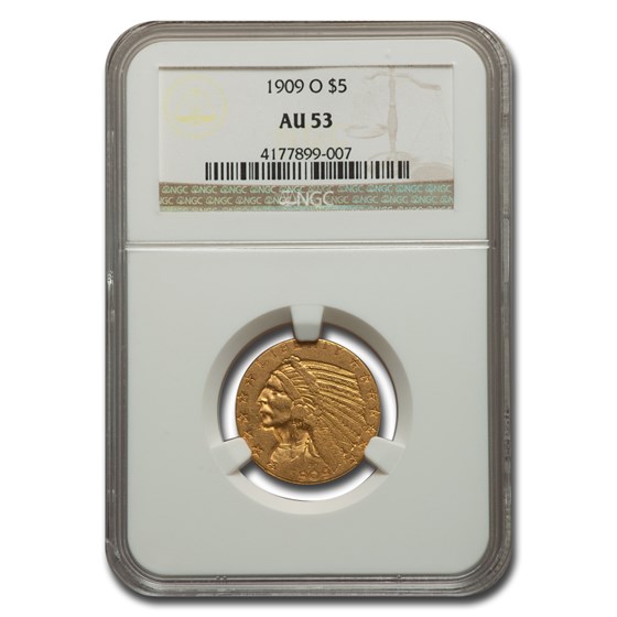 1909-O $5 Indian Gold Half Eagle AU-53 NGC 1909-O $5 Indian Gold Half Eagle AU-53 NGC