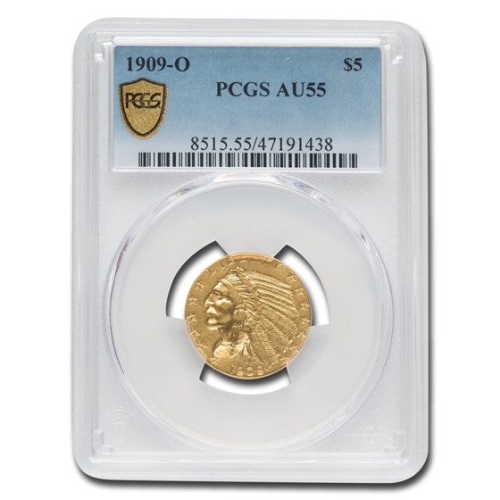 1909-O $5 Indian Gold Half Eagle AU-55 PCGS 1909-O $5 Indian Gold Half Eagle AU-55 PCGS