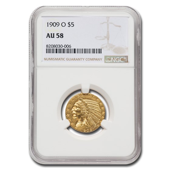 1909-O $5 Indian Gold Half Eagle AU-58 NGC 1909-O $5 Indian Gold Half Eagle AU-58 NGC