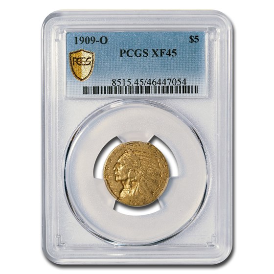 1909-O $5 Indian Gold Half Eagle XF-45 PCGS 1909-O $5 Indian Gold Half Eagle XF-45 PCGS