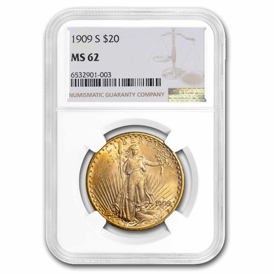 1909-S $20 St Gaudens Gold Double Eagle MS-62 NGC 1909-S $20 St Gaudens Gold Double Eagle MS-62 NGC