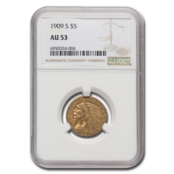 1909-S $5 Indian Gold Half Eagle AU-53 NGC 1909-S $5 Indian Gold Half Eagle AU-53 NGC