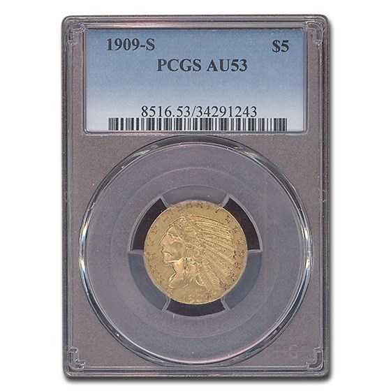 1909-S $5 Indian Gold Half Eagle AU-53 PCGS 1909-S $5 Indian Gold Half Eagle AU-53 PCGS