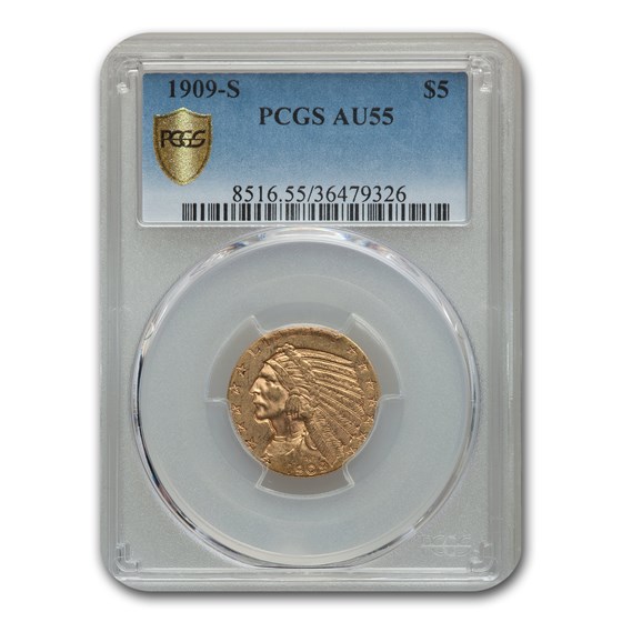 1909-S $5 Indian Gold Half Eagle AU-55 PCGS 1909-S $5 Indian Gold Half Eagle AU-55 PCGS