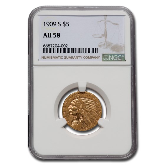 1909-S $5 Indian Gold Half Eagle AU-58 NGC 1909-S $5 Indian Gold Half Eagle AU-58 NGC