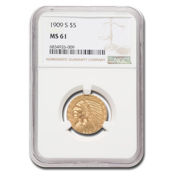 1909-S $5 Indian Gold Half Eagle MS-61 NGC 1909-S $5 Indian Gold Half Eagle MS-61 NGC
