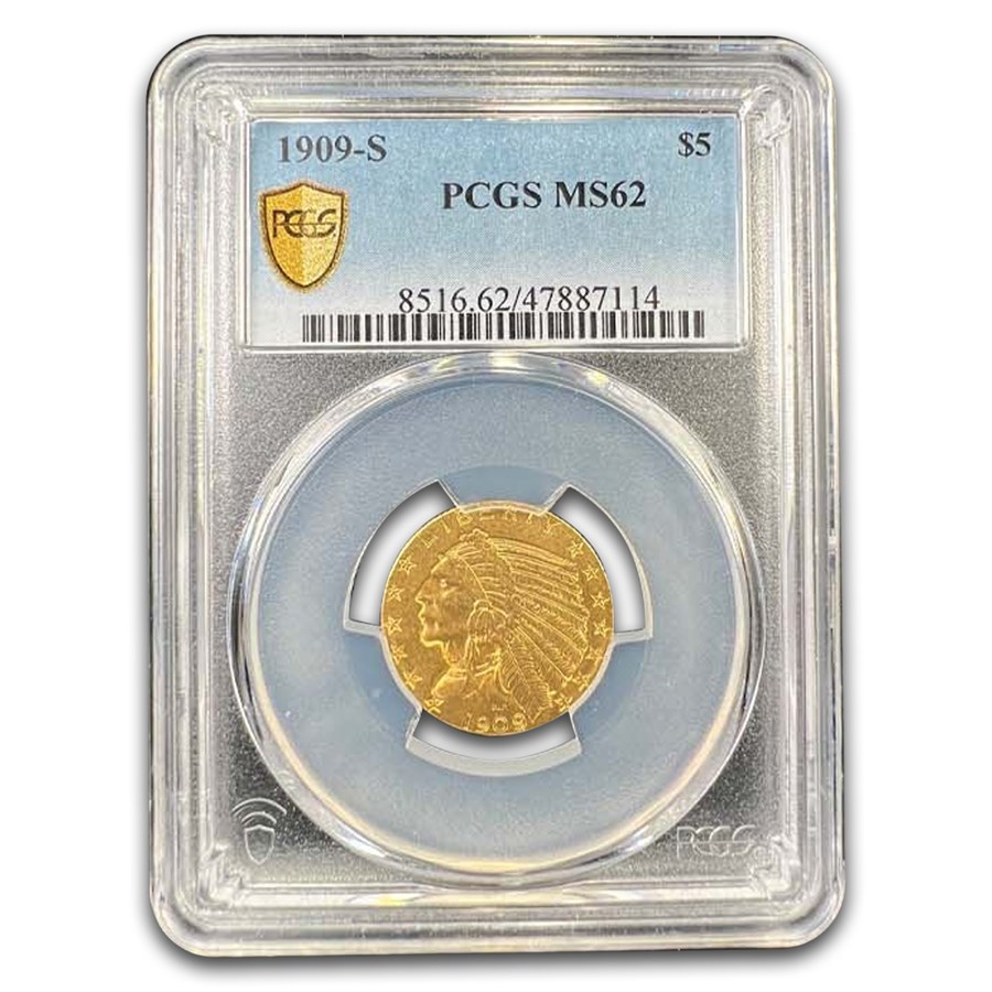 1909-S $5 Indian Gold Half Eagle MS-62 PCGS