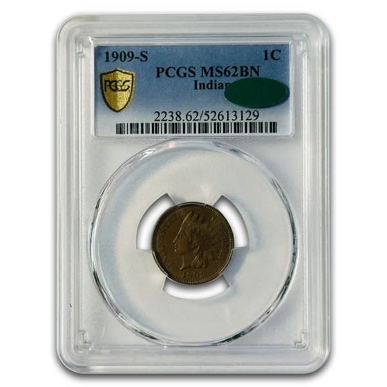 1909-S Indian Head Cent MS-62 PCGS CAC (Brown)