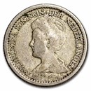 1910-1925 Netherlands Silver 25 Cents Wilhelmina Avg Circ