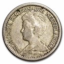 1910-1925 Netherlands Silver 25 Cents Wilhelmina I Avg Circ