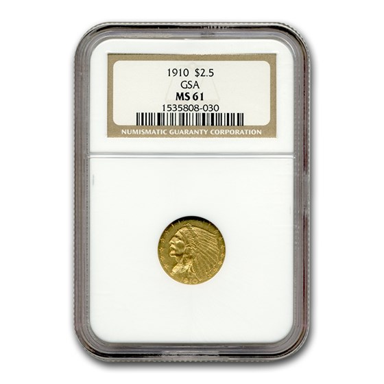 1910 $2.50 Indian Gold Quarter Eagle MS-61 NGC (GSA) 1910 $2.50 Indian Gold Quarter Eagle MS-61 NGC (GSA)