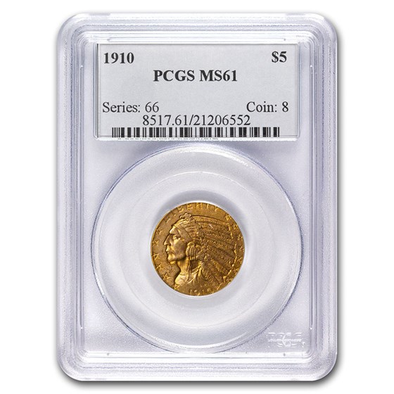 1910 $5 Indian Gold Half Eagle MS-61 PCGS
