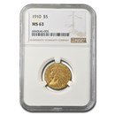 1910 $5 Indian Gold Half Eagle MS-63 NGC