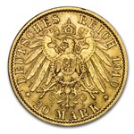 1910-A Germany Gold 20 Marks Prussia Wilhelm II BU