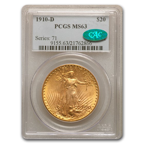 1910-D $20 Saint-Gaudens Gold Double Eagle MS-63 PCGS CAC 1910-D $20 Saint-Gaudens Gold Double Eagle MS-63 PCGS CAC