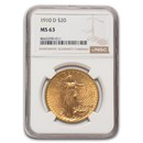 1910-D $20 St Gaudens Gold Double Eagle MS-63 NGC