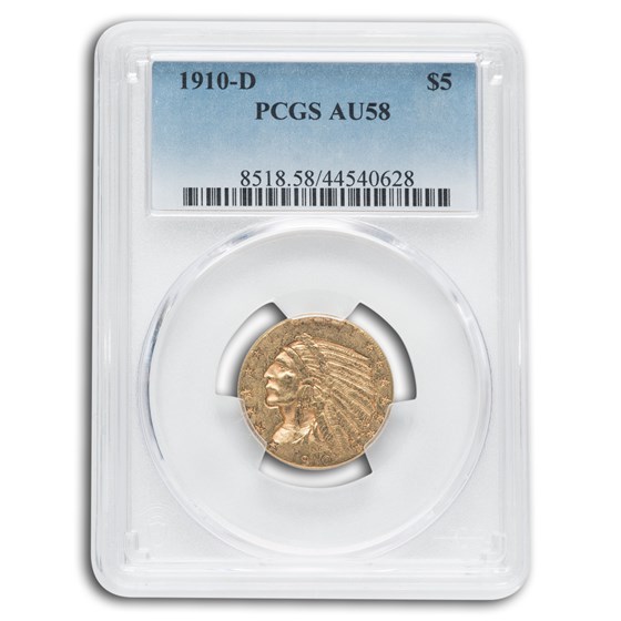 1910-D $5 Indian Gold Half Eagle AU-58 PCGS 1910-D $5 Indian Gold Half Eagle AU-58 PCGS