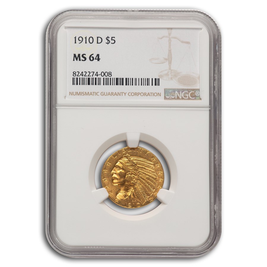 1910-D $5 Indian Gold Half Eagle MS-64 NGC