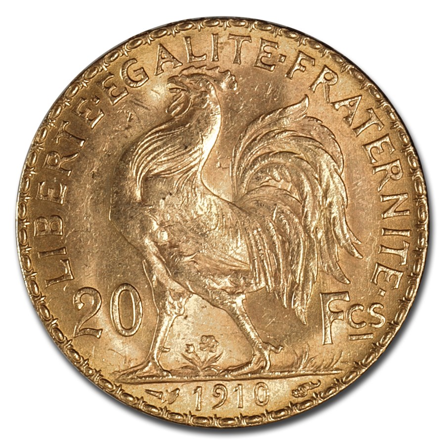 1910 France Gold 20 Francs Rooster BU
