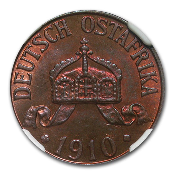1910-J German East Africa Bronze 1 Heller MS-65 NGC (Red-Brown) 1910-J German East Africa Bronze 1 Heller MS-65 NGC (Red-Brown)
