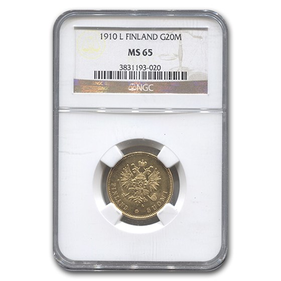 1910-L Finland Gold 20 Markkaa MS-65 NGC 1910-L Finland Gold 20 Markkaa MS-65 NGC