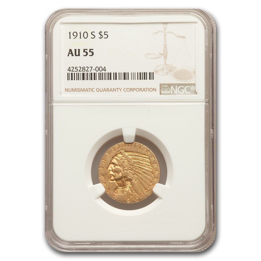 1910-S $5 Indian Gold Half Eagle AU-55 NGC