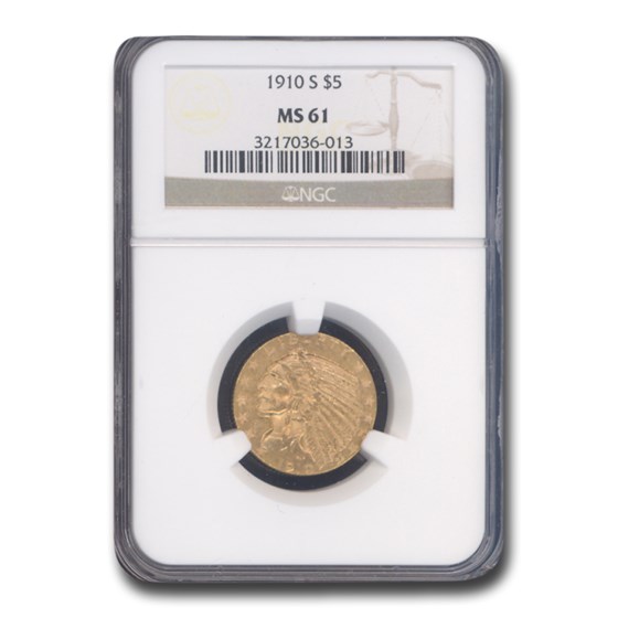 1910-S $5 Indian Gold Half Eagle MS-61 NGC 1910-S $5 Indian Gold Half Eagle MS-61 NGC