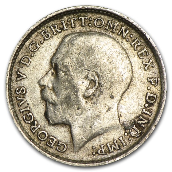 1911-1920 Great Britain Silver 3 Pence George V Avg Circ 1911-1920 Great Britain Silver 3 Pence George V Avg Circ