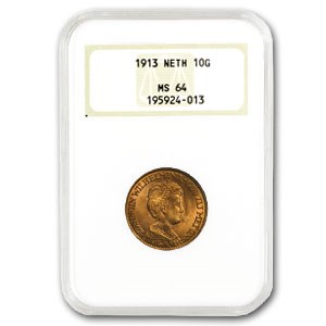 1911-1933 Netherlands Gold 10 Gulden MS-64 NGC (Random)