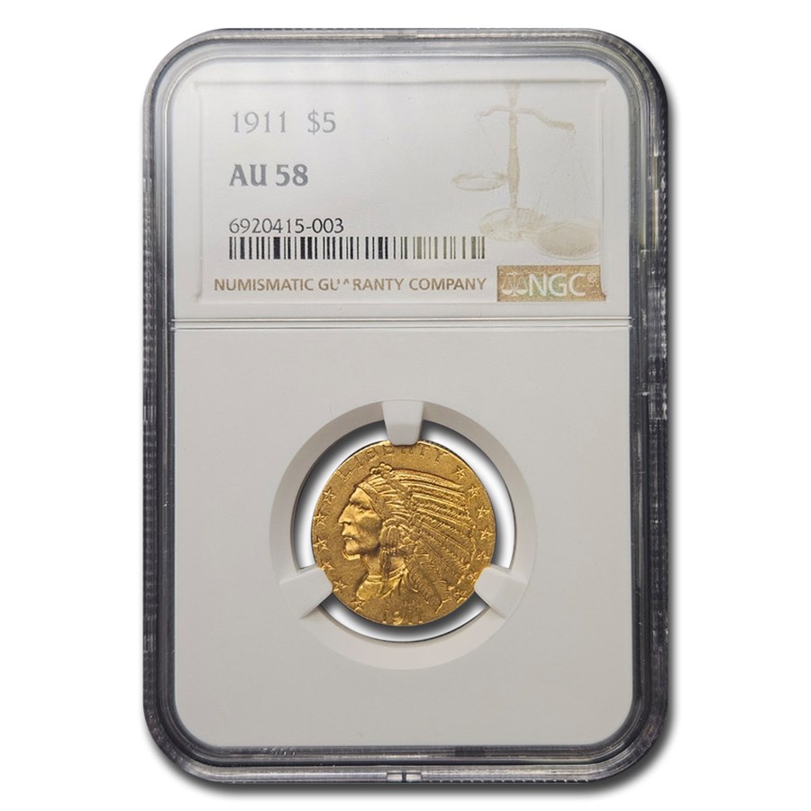 1911 $5 Indian Gold Half Eagle AU-58 NGC