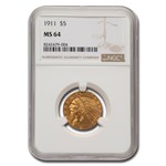 1911 $5 Indian Gold Half Eagle MS-64 NGC