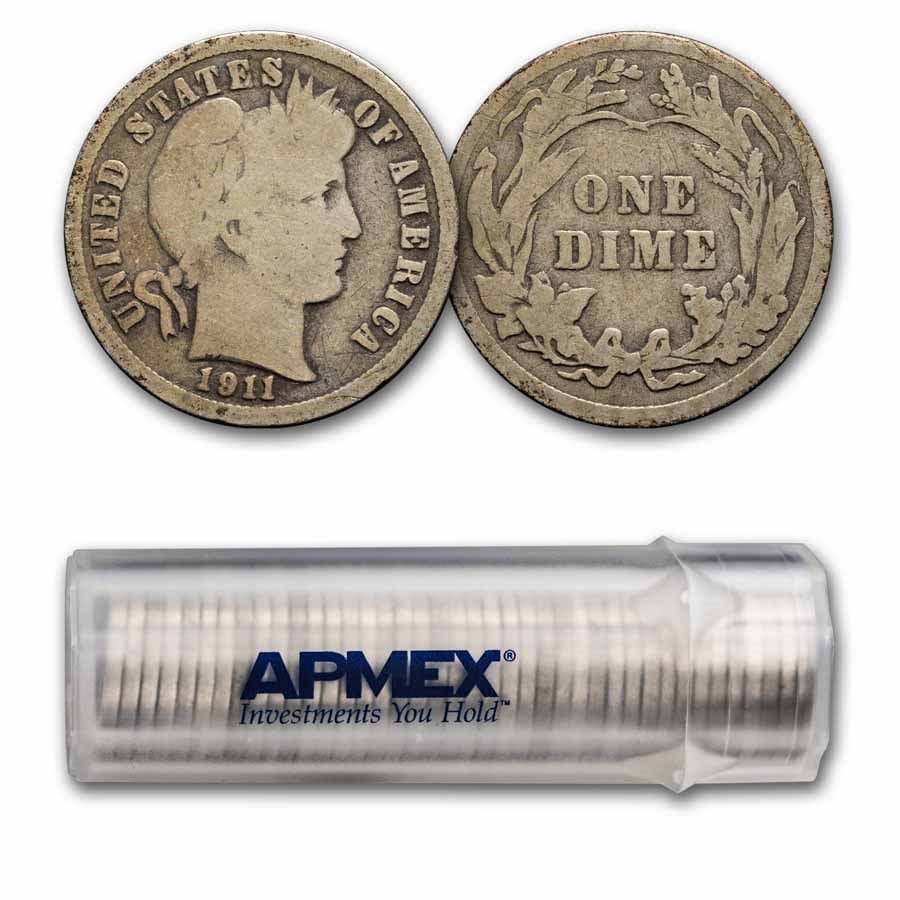1911 Barber Dime 50-Coin Roll Avg Circ