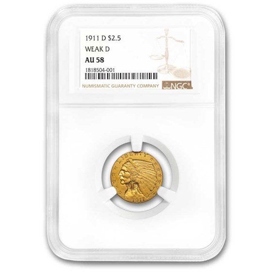 1911-D $2.50 Indian Gold Quarter Eagle AU-58 NGC (Weak D) 1911-D $2.50 Indian Gold Quarter Eagle AU-58 NGC (Weak D)