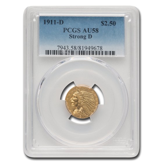 1911-D $2.50 Indian Gold Quarter Eagle AU-58 PCGS (Strong D) 1911-D $2.50 Indian Gold Quarter Eagle AU-58 PCGS (Strong D)
