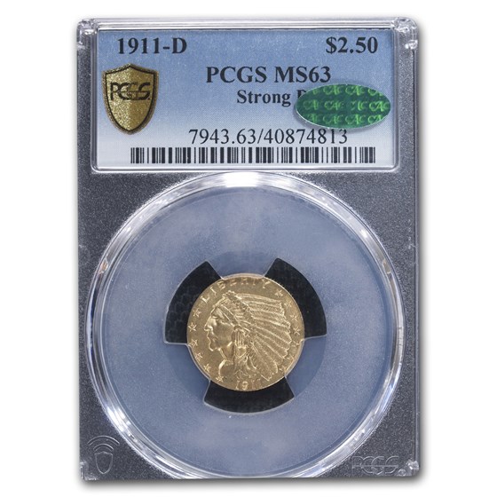1911-D $2.50 Indian Gold Quarter Eagle MS-63 PCGS CAC (Strong D) 1911-D $2.50 Indian Gold Quarter Eagle MS-63 PCGS CAC (Strong D)