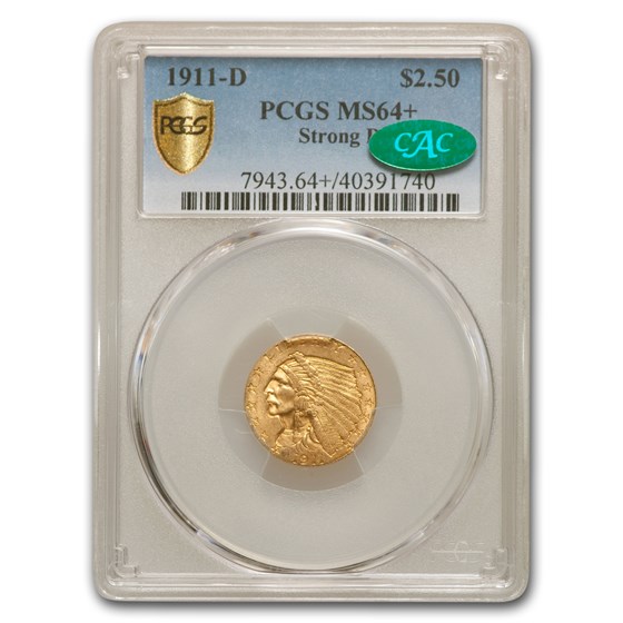 1911-D $2.50 Indian Gold Quarter Eagle MS-64+ PCGS CAC (Strong D) 1911-D $2.50 Indian Gold Quarter Eagle MS-64+ PCGS CAC (Strong D)