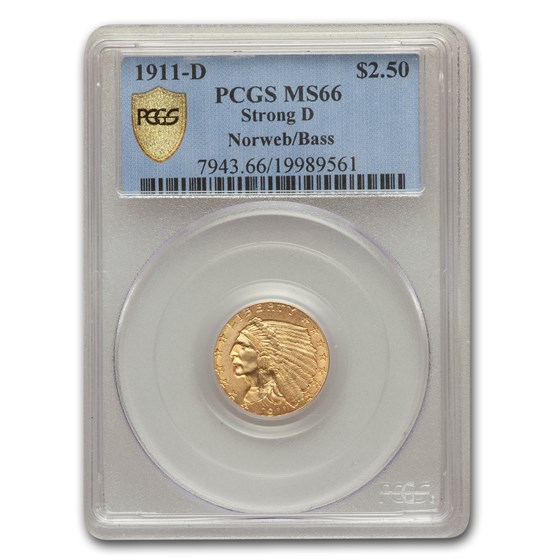 1911-D $2.50 Indian Gold Quarter Eagle MS-66 PCGS (Strong D) 1911-D $2.50 Indian Gold Quarter Eagle MS-66 PCGS (Strong D)