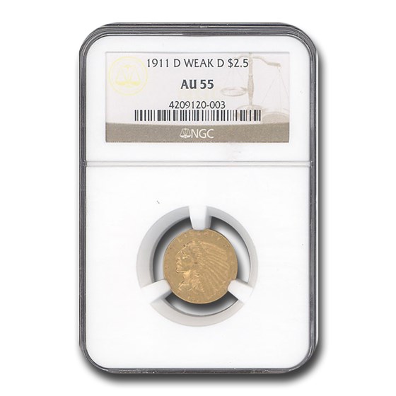 1911-D $2.50 Indian Gold Quarter Eagle Weak-D AU-55 NGC 1911-D $2.50 Indian Gold Quarter Eagle Weak-D AU-55 NGC