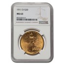 1911-D $20 St Gaudens Gold Double Eagle MS-63 NGC