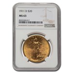 1911-D $20 St Gaudens Gold Double Eagle MS-63 NGC