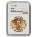 1911-D $20 St Gaudens Gold Double Eagle MS-66 NGC