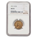 1911-D $5 Indian Gold Half Eagle AU-55 NGC