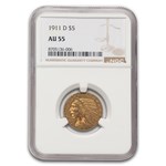 1911-D $5 Indian Gold Half Eagle AU-55 NGC