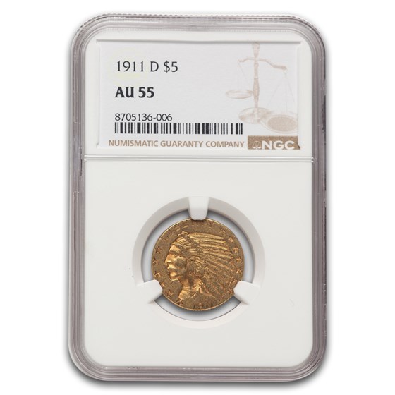 1911-D $5 Indian Gold Half Eagle AU-55 NGC