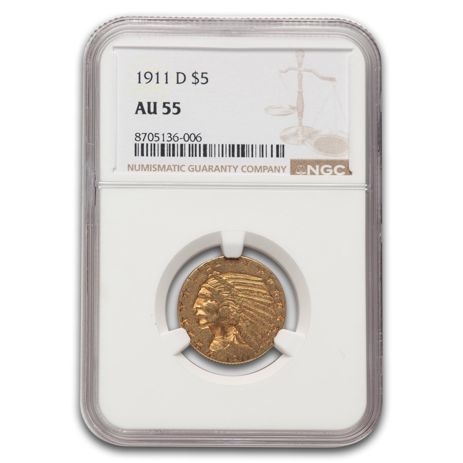 1911-D $5 Indian Gold Half Eagle AU-55 NGC