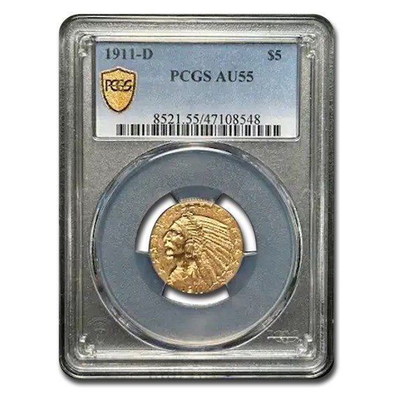 1911-D $5 Indian Gold Half Eagle AU-55 PCGS 1911-D $5 Indian Gold Half Eagle AU-55 PCGS