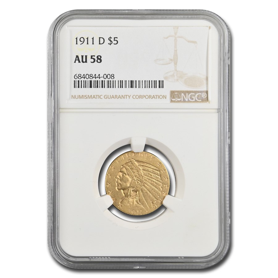 1911-D $5 Indian Gold Half Eagle AU-58 NGC