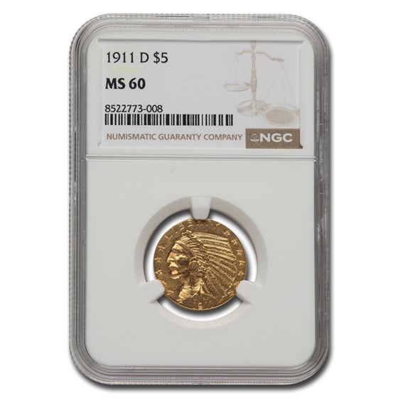 1911-D $5 Indian Gold Half Eagle MS-60 NGC 1911-D $5 Indian Gold Half Eagle MS-60 NGC